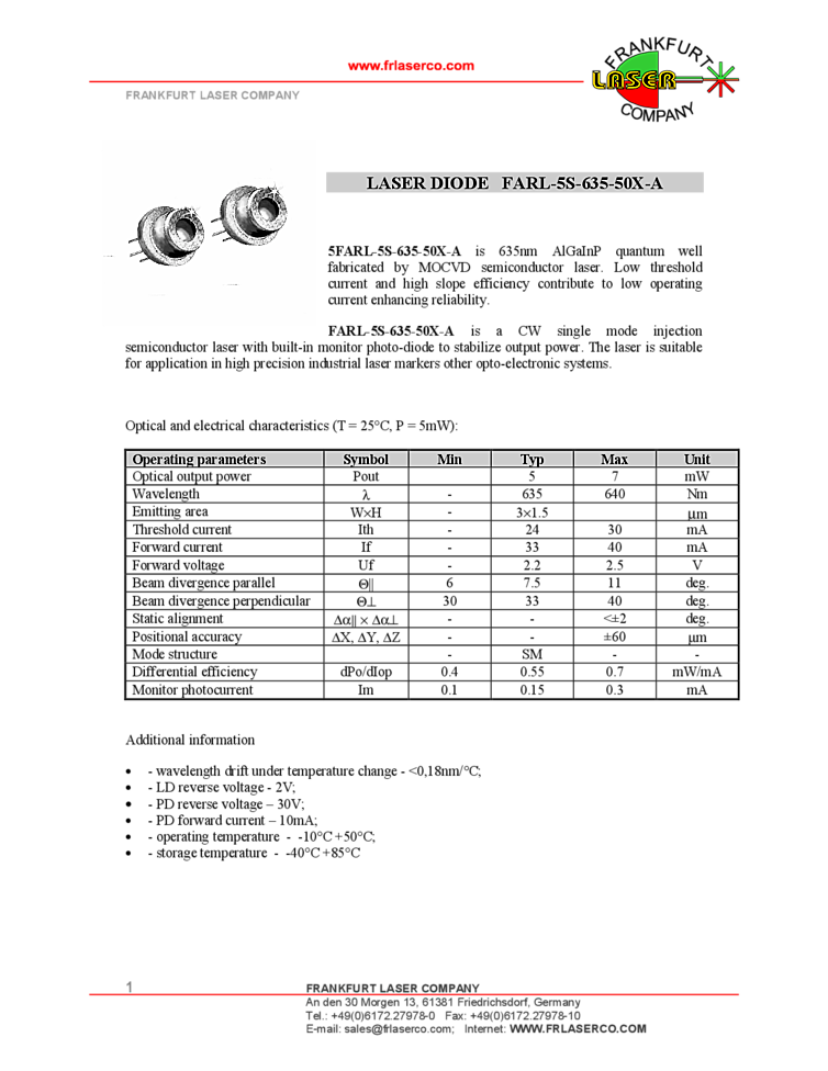 635nm Laser Diode, 5mW