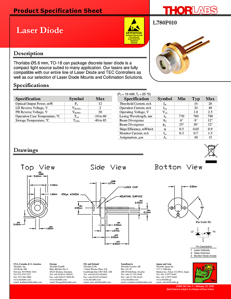 12mW, 780nm Diode Laser
