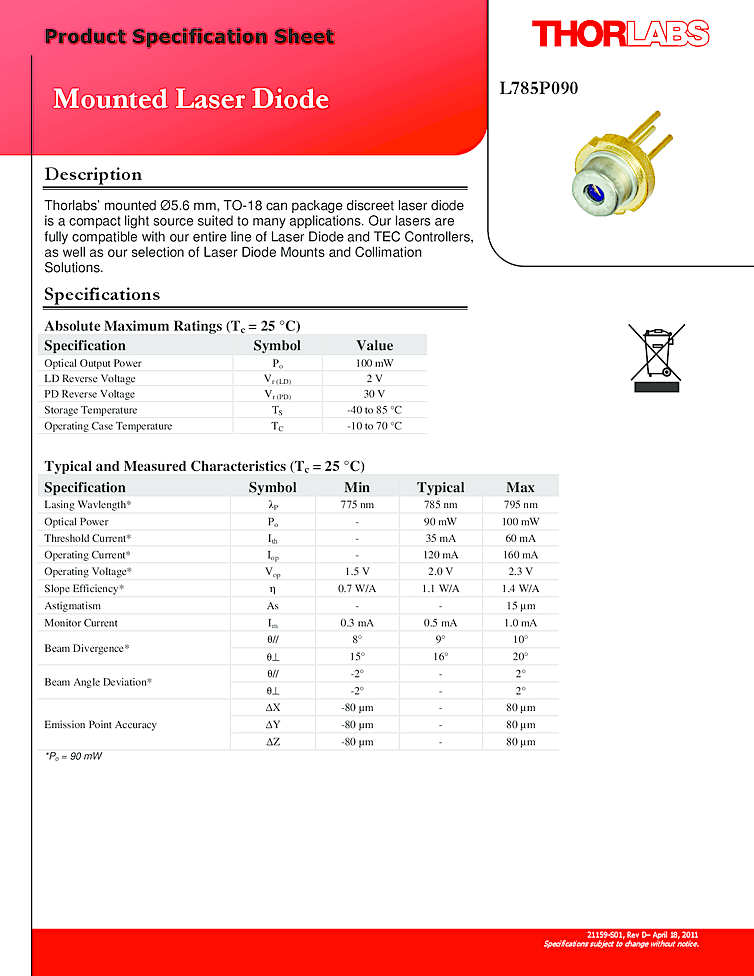 785nm semiconductor diode laser