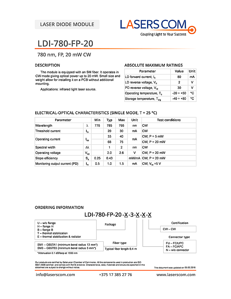 780nm Laser Diode, 20mW, Fabry-Perot