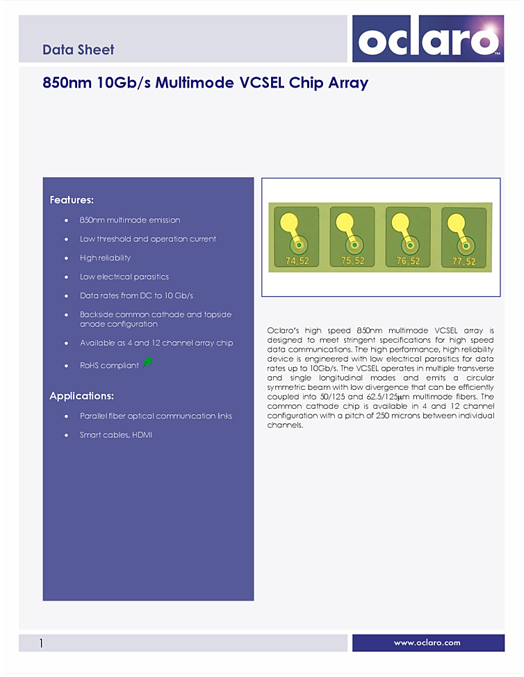 VCSEL array, 850nm, COC