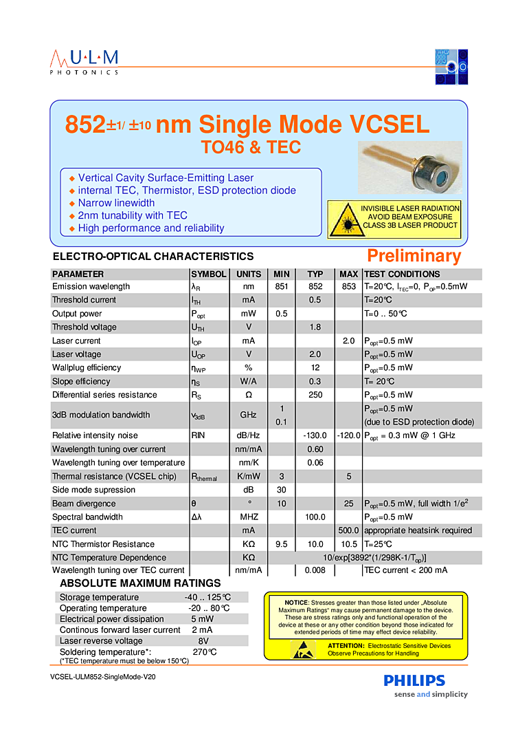 VCSEL Laser, 852nm