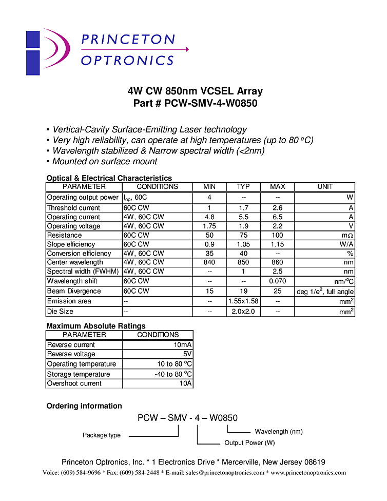 850nm, 4Watts, VCSEL array