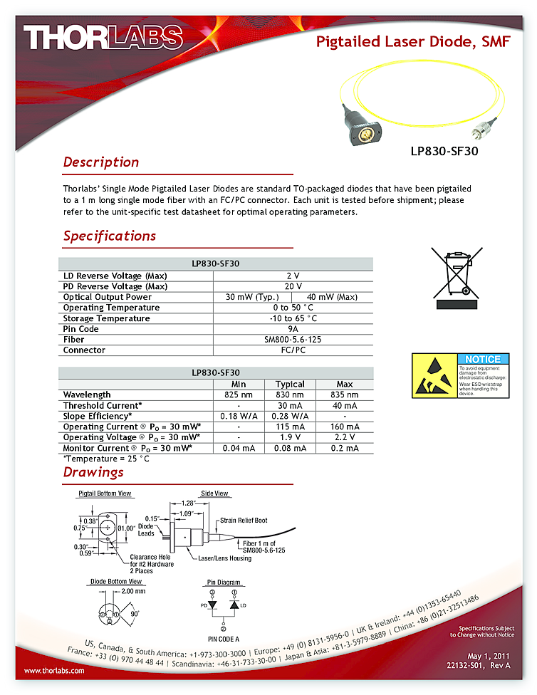 830nm, 40mW Laser Diode