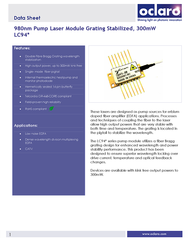 300mW, 980nm Laser Diode
