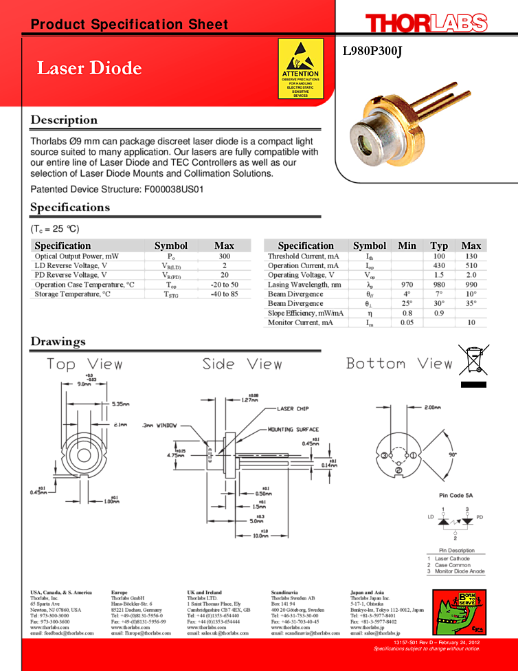 9mm-can package, 980nm diode laser