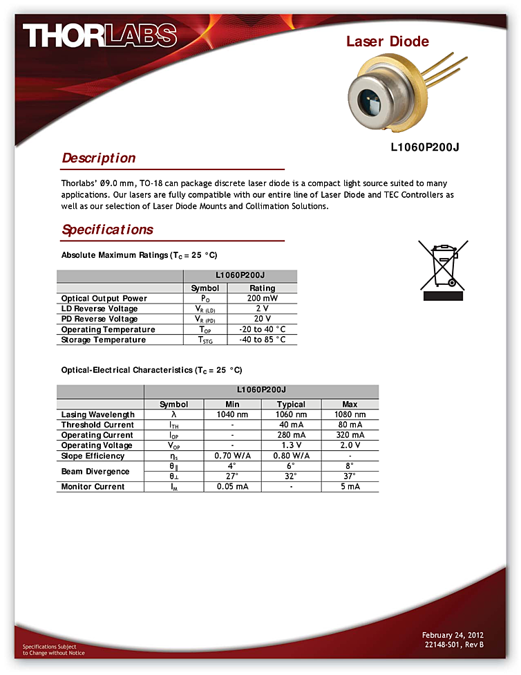 1060nm, 200mW TO-can diode laser