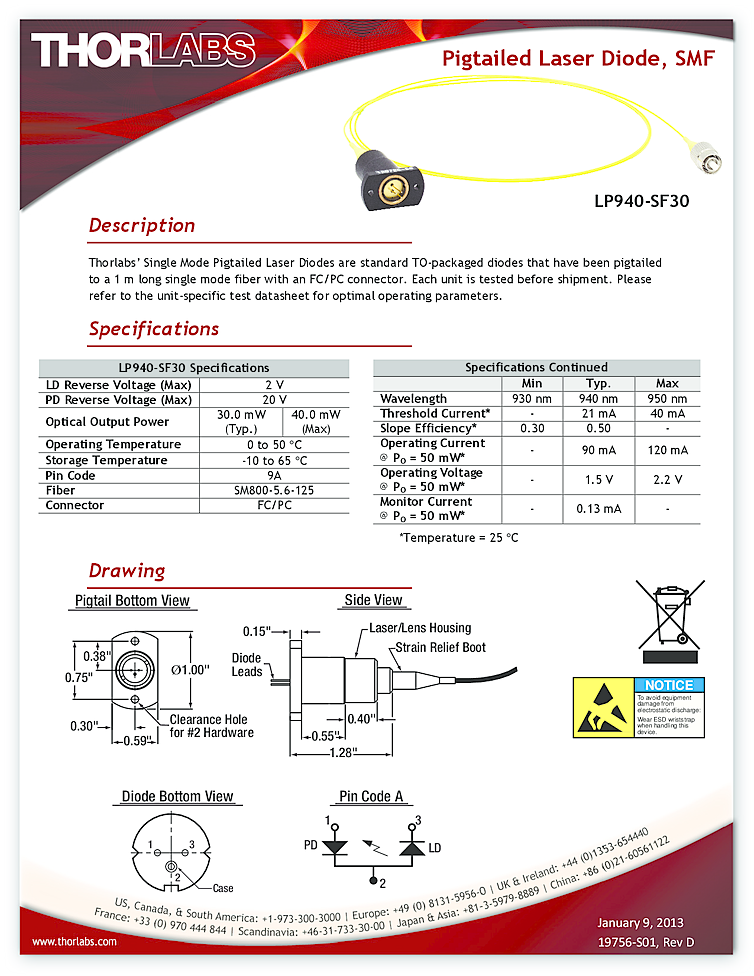 Laserdiode, 940nm, 40mW, coaxial