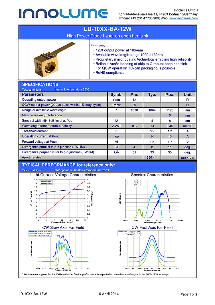 1064nm Diode Lasers, 12W C-mount