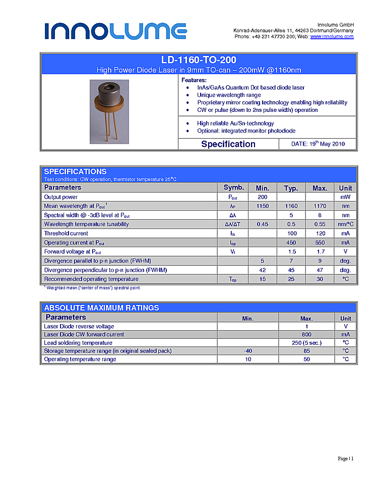 1160nm Diode Lasers from Innolume