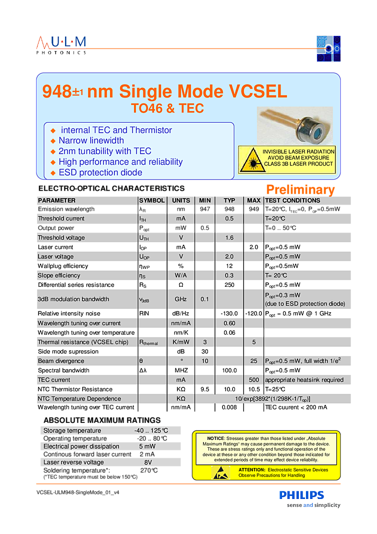 VCSEL Laser, 948nm, 1mW