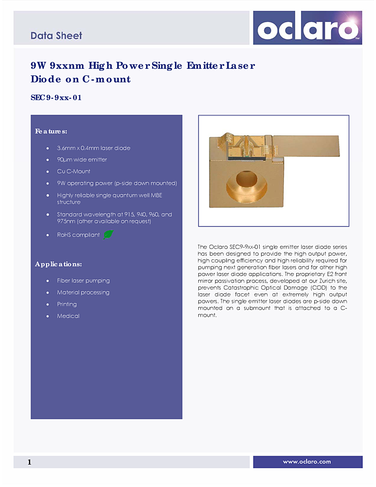 Fiber Laser, Pump, 9Watts, 975nm