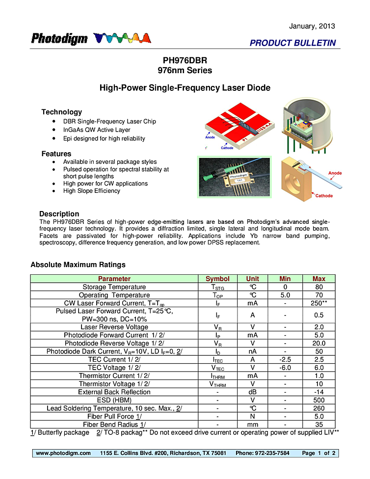 DBR Diode Laser, 976nm, 280mW