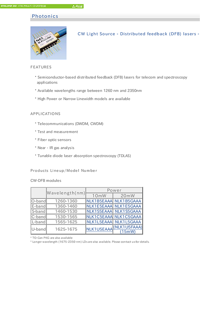 DFB Laser Diodes, 1260nm-1360nm