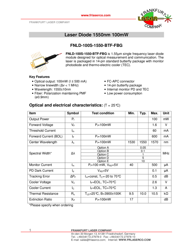1550 nm DFB Laser | 100mW