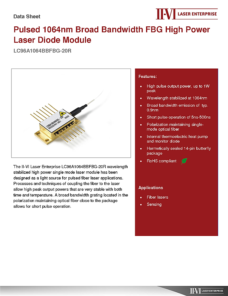 1064nm, 1Watt FBG Laser Diode