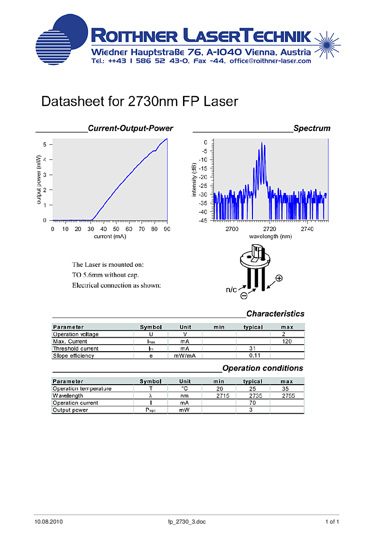 2730nm, 3mW Fabry-Perot Laser