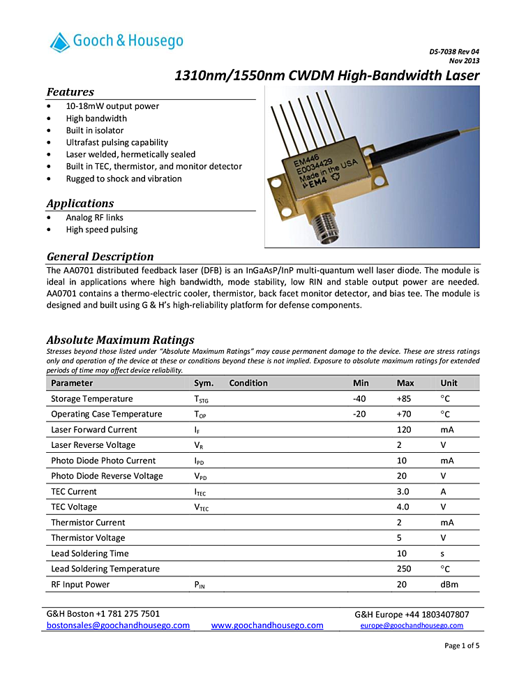 1310nm CWDM laser diode, 18mW