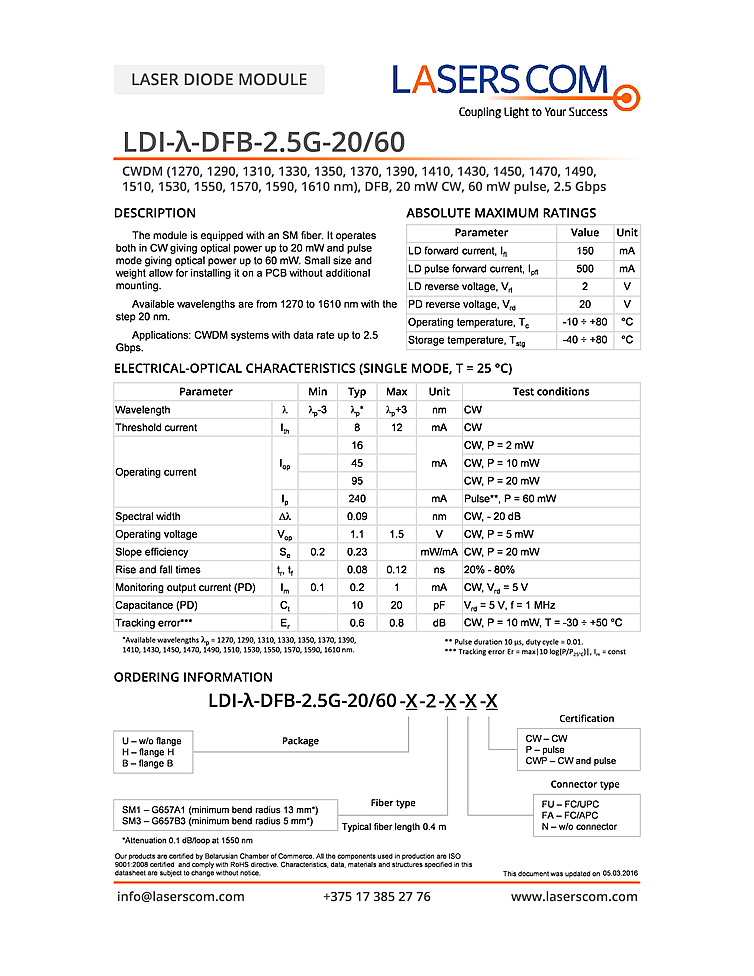 1270nm-1610nm Laser Diode, 20mW