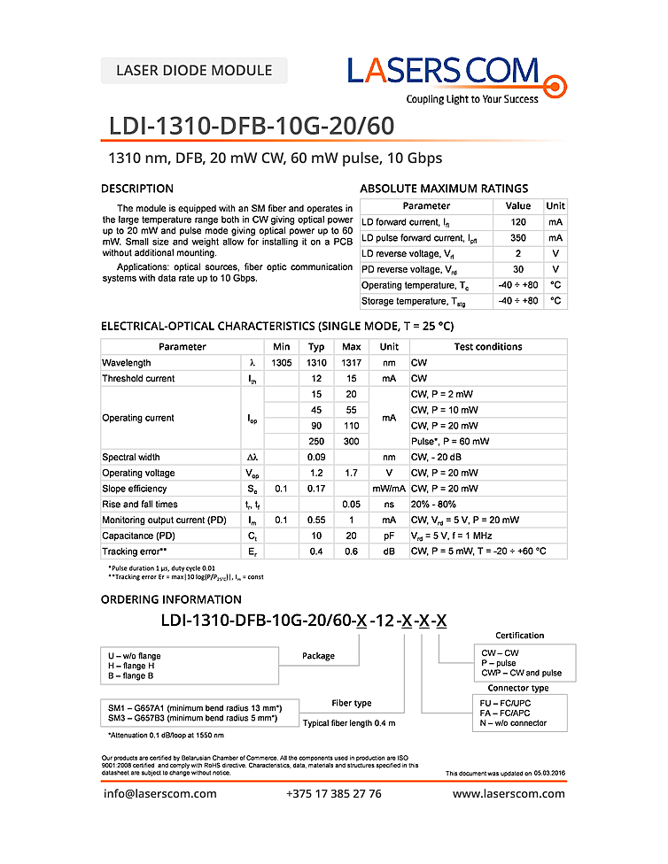 1310nm Laser Diode, 20mW, DFB 10G