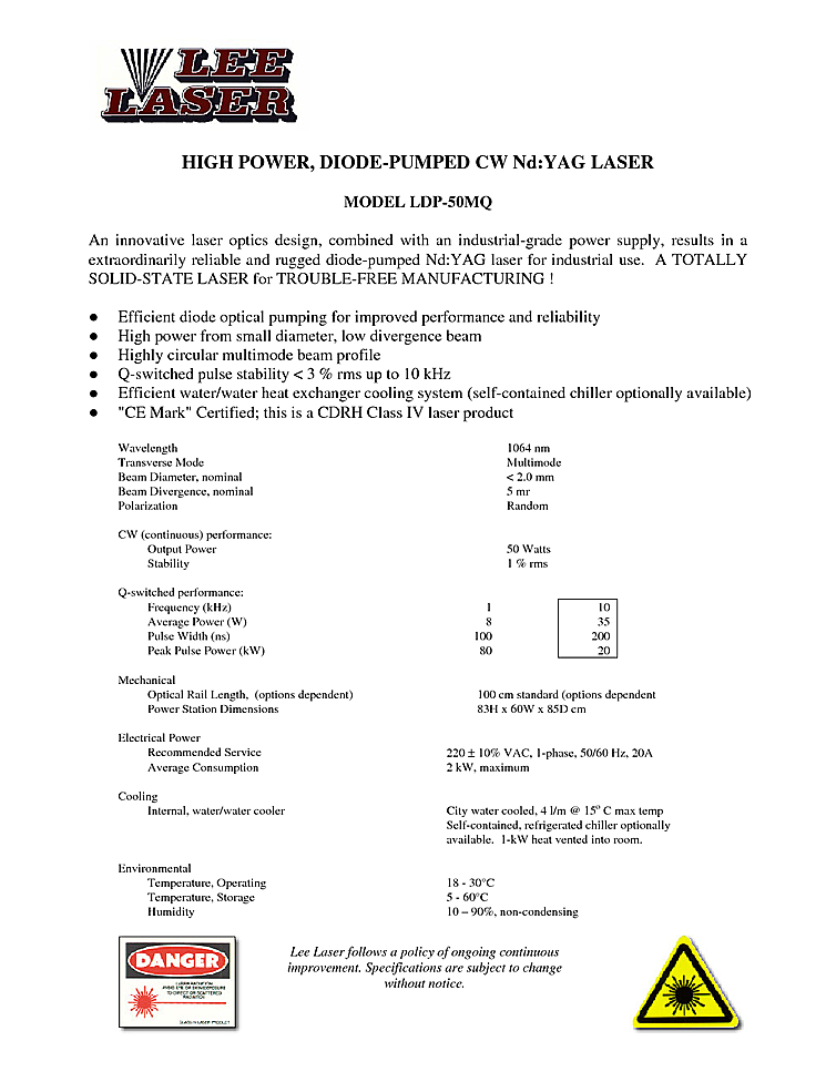 1064nm Nd:YAG Laser, CW, 50W