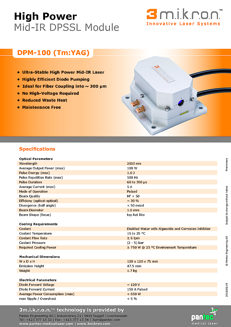 2020 nm CW Laser, 100W