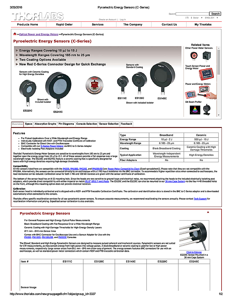 Optical Energy Sensor, 10uJ-150mJ