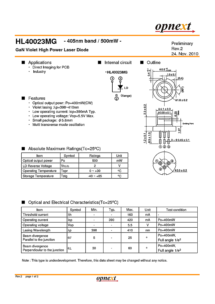 GaN 398nm-410nm Laser Diodes