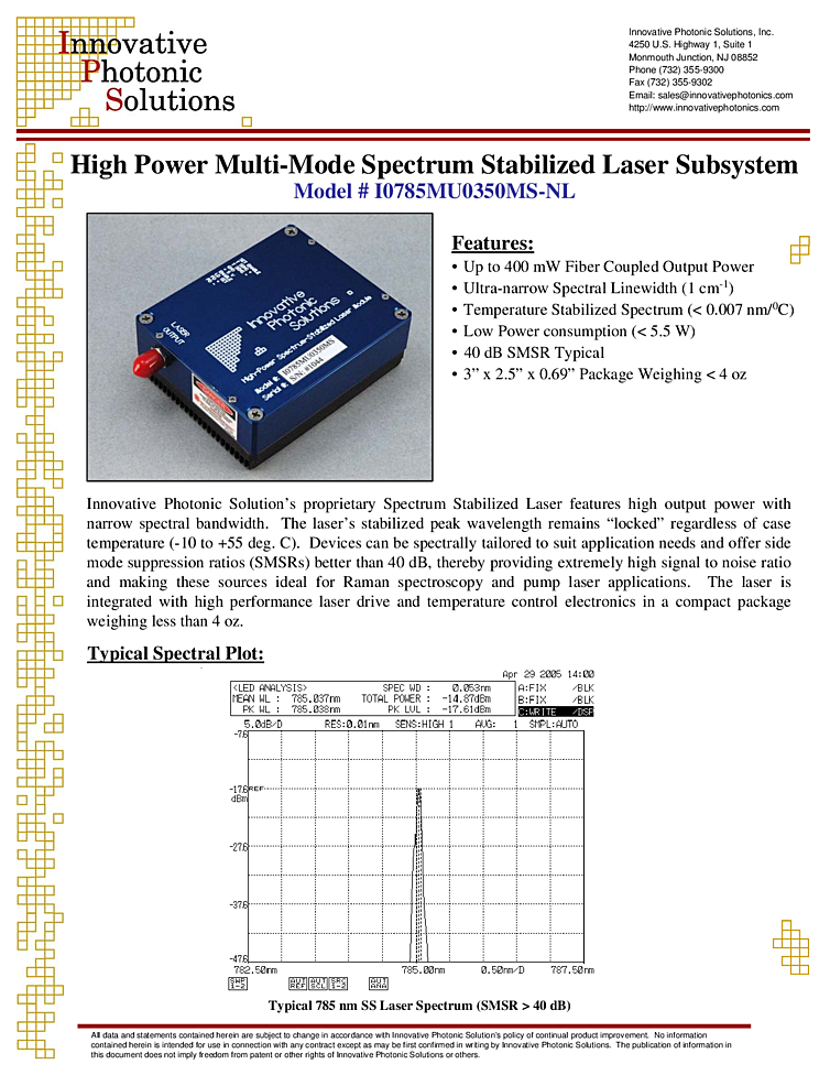 785nm, Narrow Linewidth Laser Diode