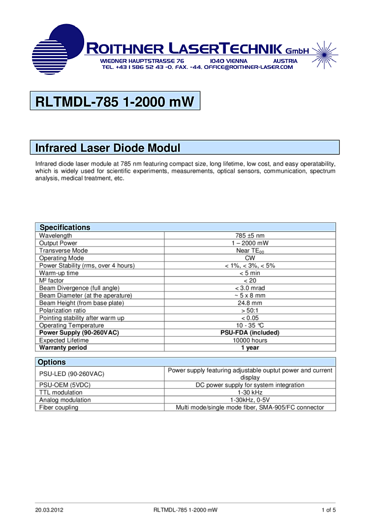 Infrared diode laser module, 785nm